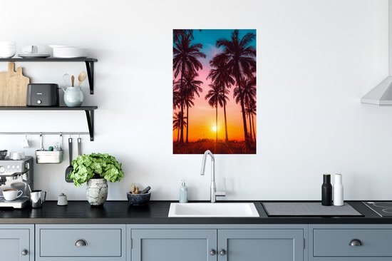 Poster Palmier - Coucher de soleil - Horizon - Plage - Oranje - Rose - 60x90 cm - Décorations de Noël - Décoration de Noël pour intérieur - Noël