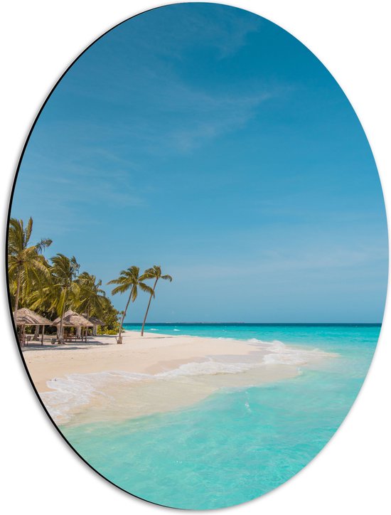 WallClassics - Dibond Ovaal - Tropisch Strand met Palmbomen - 42x56 cm Foto op Ovaal (Met Ophangsysteem)