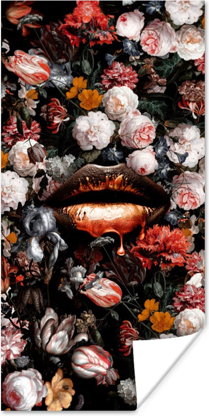 Poster Lippen - Bloemen - Verf - Oranje - Kunst - Abstract - Oude meesters - 80x160 cm