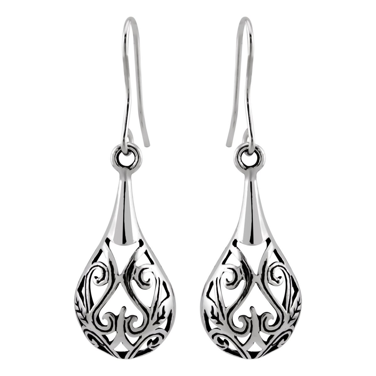 Zilveren oorbellen | Hangers | Zilveren oorhangers, sierlijk bewerkte druppel
