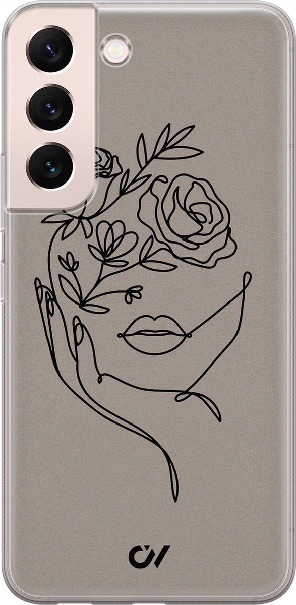 Hoesje geschikt voor Samsung Galaxy S22 hoesje - Oneline Face Flower - - Grijs - - Casevibes