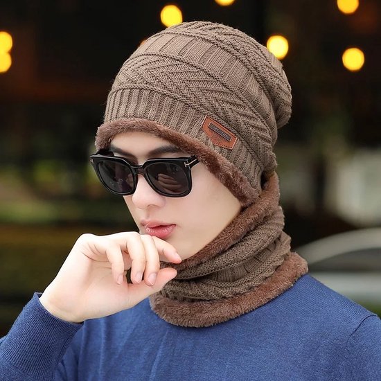 Gebreide Beanie Muts en Sjaal Set | Warme Bonnet Winter Muts Met Colsjaal Nekwarmer | Halswarmer Wintermuts Wol Gevoerd | Warme & Zachte Fleece Voering | Unisex | Voor Dames en Heren | Volwassenen - Kaki - Khaki