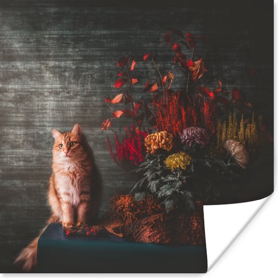 Stilleven van oranje kat naast boeket bloemen met herfstkleuren / Bloemen Poster