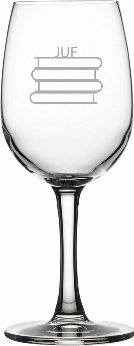 Gegraveerde witte wijnglas 26cl Juf met boeken