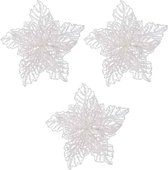 3x Kerstboomversiering op clip witte glitter bloem 23 cm - kerstboom decoratie - witte kerstversieringen