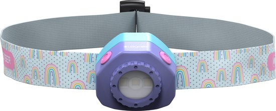 Hoofdlamp met paarse behuizing en blauw detail, grijze band met regenboogprint en LEDLENSER logo.