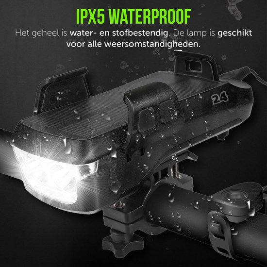 4-in-1 Fietslamp Voorlicht mét telefoonhouder - Powerbank Fiets Telefoonhouder - Fiets Smartphone Houder - USB oplaadbaar - 2400 mAh - 130 DB Loudspeaker - Bel - Koplamp - 6-12H gebruikstijd - Zwart — afbeelding 4