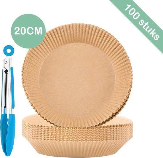 Airfryer Wegwerp Bakjes - Airfryer Bakpapier - Airfryer Bakvorm - Airfryer Bakjes - Bakpapier Rond - Airfryer Accesoires - Heteluchtfriteuseaccessoires - Bakpapier Airfryer - Non Stick - Inclusief Serveertang - 100 stuks - 20 CM - Bruin