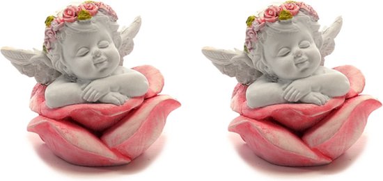 Engel op roos -dromerig ogende engel in een rozenbloesem - van poly - 6x6x6cm - 2 stuks