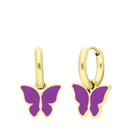 Lucardi Kinder Stalen goldplated oorbellen met vlinder violet - Oorbellen - Staal - Goudkleurig
