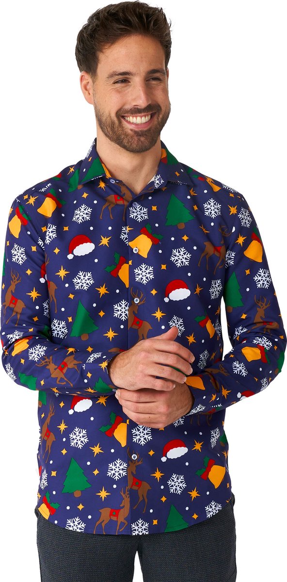 Suitmeister Christmas Icons Blue - Heren Overhemd - Kerstshirt - Blauw - Maat S