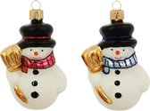 Twee Sneeuwpop Kersthangers - 2 sneeuwpopjes met blauwe en rode sjaal kerstboomdecoratie van glas