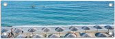 WallClassics - Tuinposter – Rieten Parasols met Ligbedjes op het Strand - 60x20 cm Foto op Tuinposter  (wanddecoratie voor buiten en binnen)