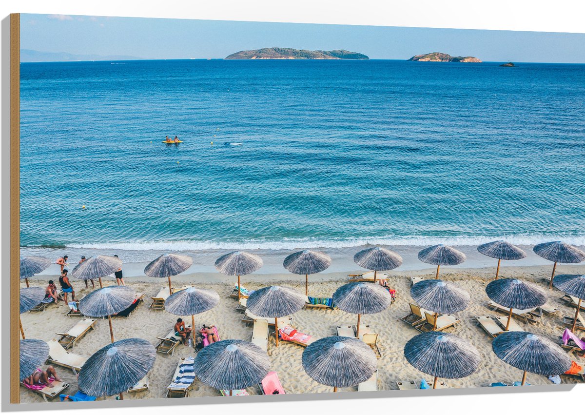 Hout - Rieten Parasols met Ligbedjes op het Strand - 120x80 cm - 12 mm dik - Foto op Hout (Met Ophangsysteem)