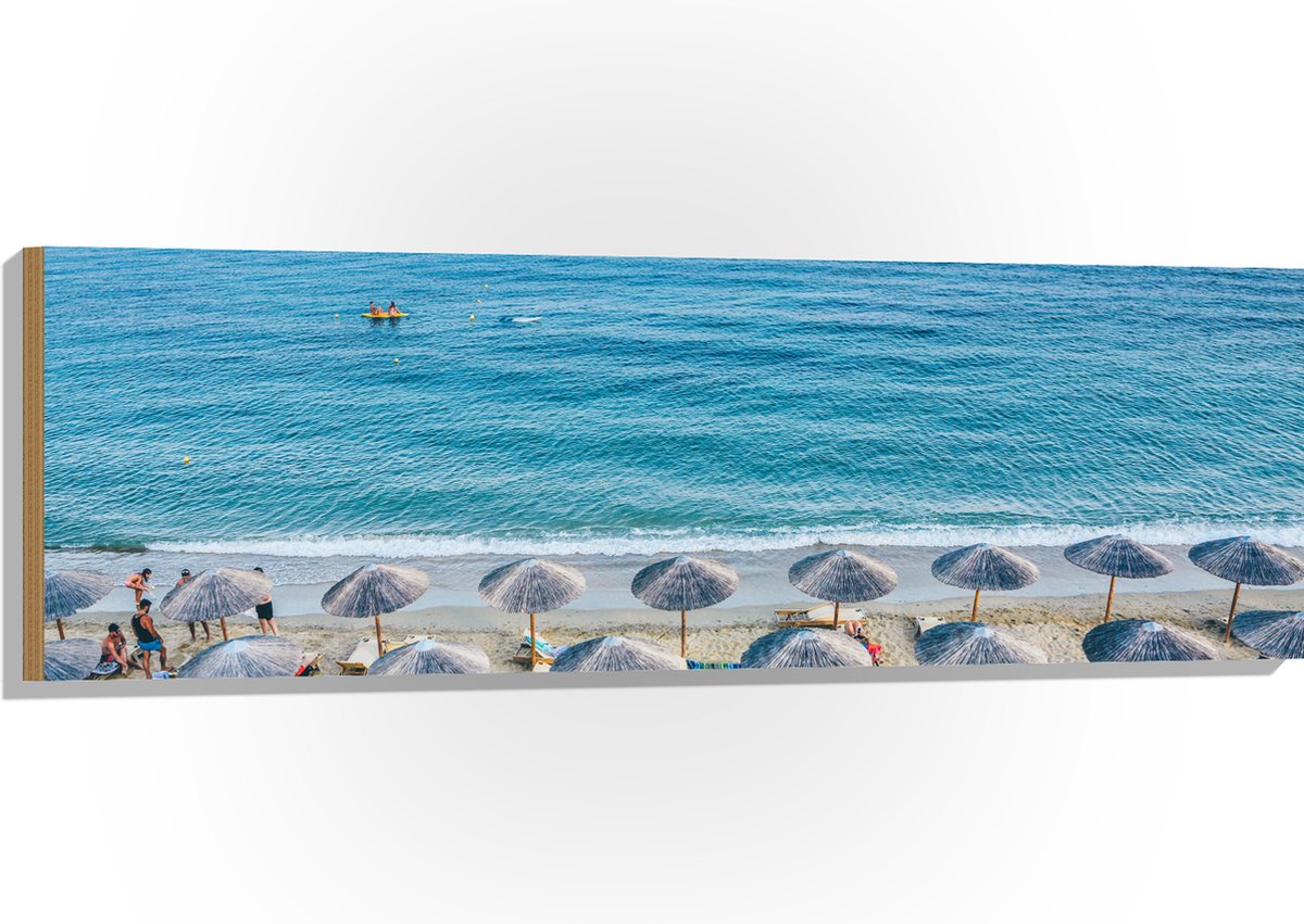 Hout - Rieten Parasols met Ligbedjes op het Strand - 120x40 cm - 12 mm dik - Foto op Hout 