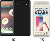 Casemania Hoesje Geschikt voor Google Pixel 6A Zwart & Glazen Screenprotector - Siliconen Back Cover