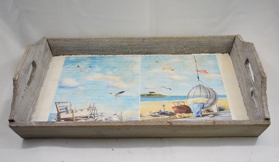 Decoratief Dienblad - Strand - Nautisch - plateau Vintage decoupage. 40 x 25 cm Hoogte 4 cm