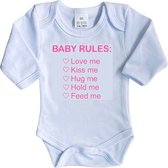 La Petite Couronne Romper Lange Mouw "Baby rules" Meisjes Katoen Wit/roze Maat 56