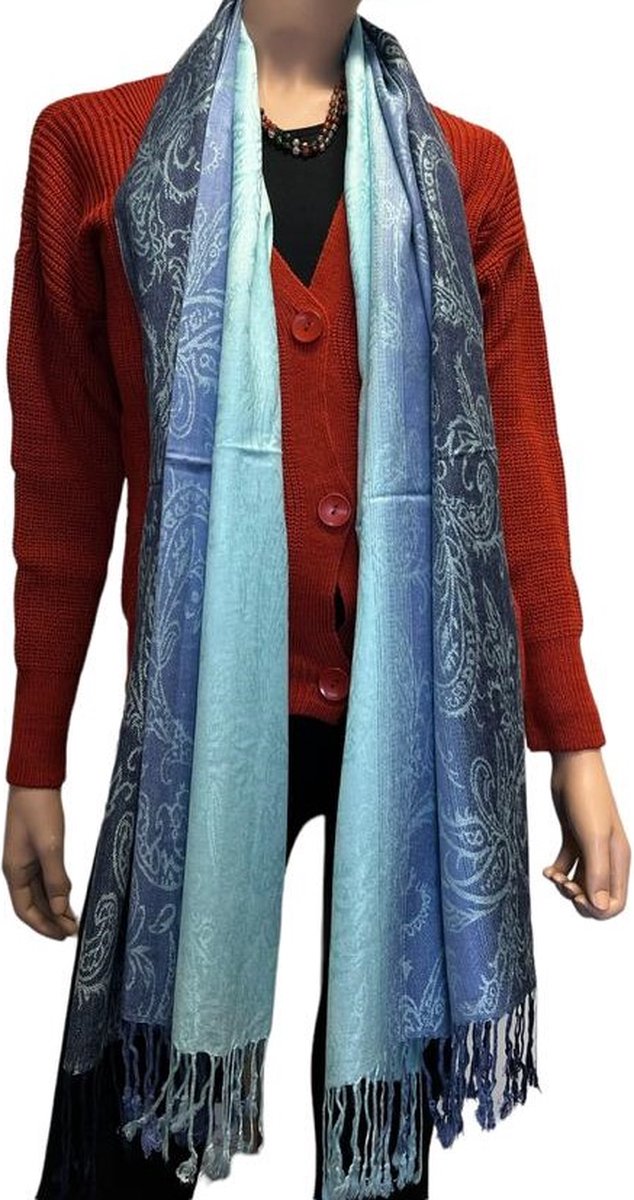 Sjaal- Pashmina Sjaal- Fijn geweven trendy Sjaal- Tweezijdige omslagdoek 212/4- Blauw met zwart details