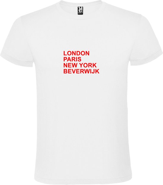 T-Shirt Wit avec « LONDON, PARIS, NEW YORK, BEVERWIJK » Image Rouge Taille XS