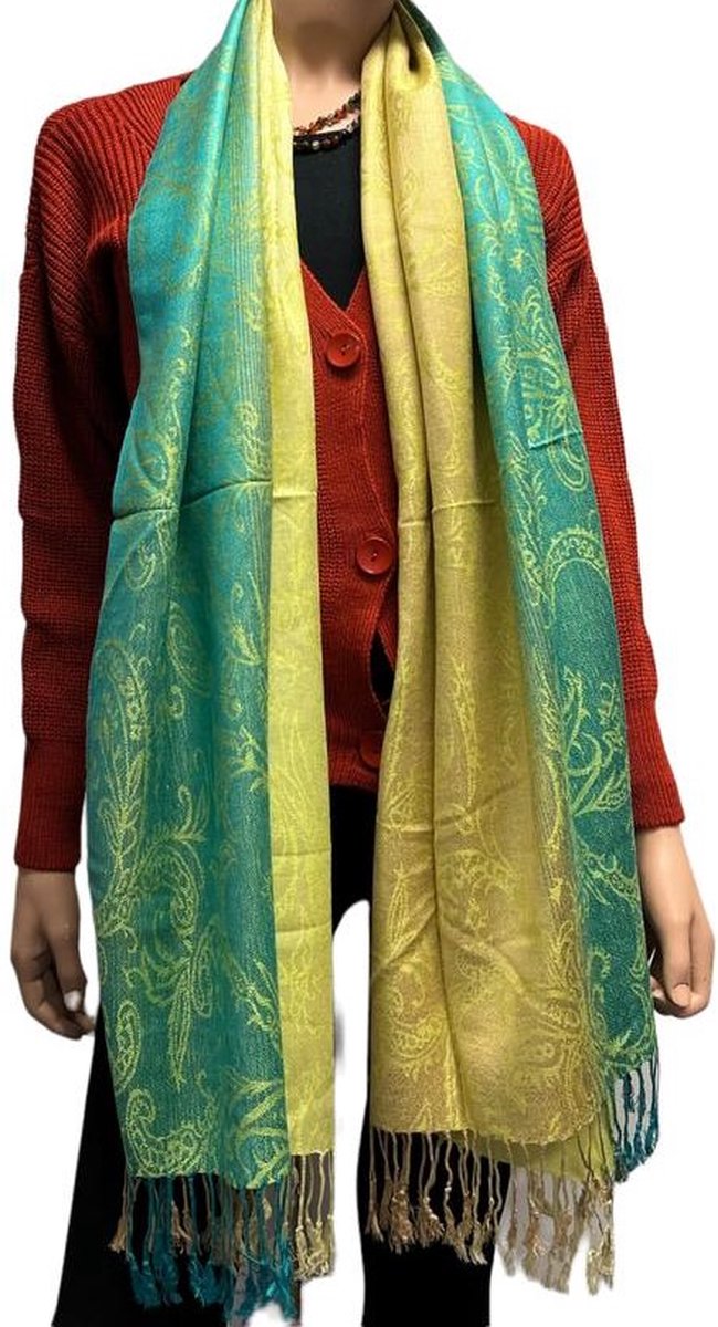 Sjaal- Pashmina Sjaal- Fijn geweven trendy Sjaal- Tweezijdige omslagdoek 212/13- Goud met groen details