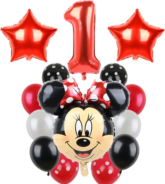Minnie Mouse Verjaardag Versiering - 1 jaar - Leeftijdballon / Heliumballon / Folieballon - Kinderfeestje - Feestpakket 14 stuks - Verjaardag Minnie & Mickey Mouse - Disney Feestversiering - Ballonnen set MinnieMouse & MickeyMouse - Hoera 1 jaar!