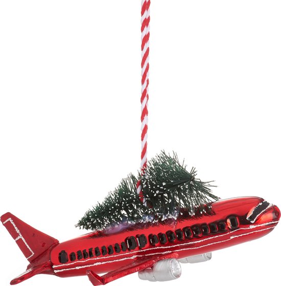Vliegtuig Kersthanger van Sass & Belle - Flying Home for Christmas Vliegtuig Kerstbal - Rood vliegtuig met kerstboom op het dak