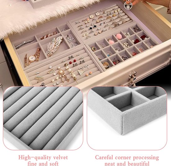 HIKPACKER Sieradendienblad, fluweel, stapelbaar, 4-delige sieradenorganizer, lade, afneembaar, sieradenopslag voor laden, voor halskettingen, armbanden, oorbellen, ringen, horloges (beige