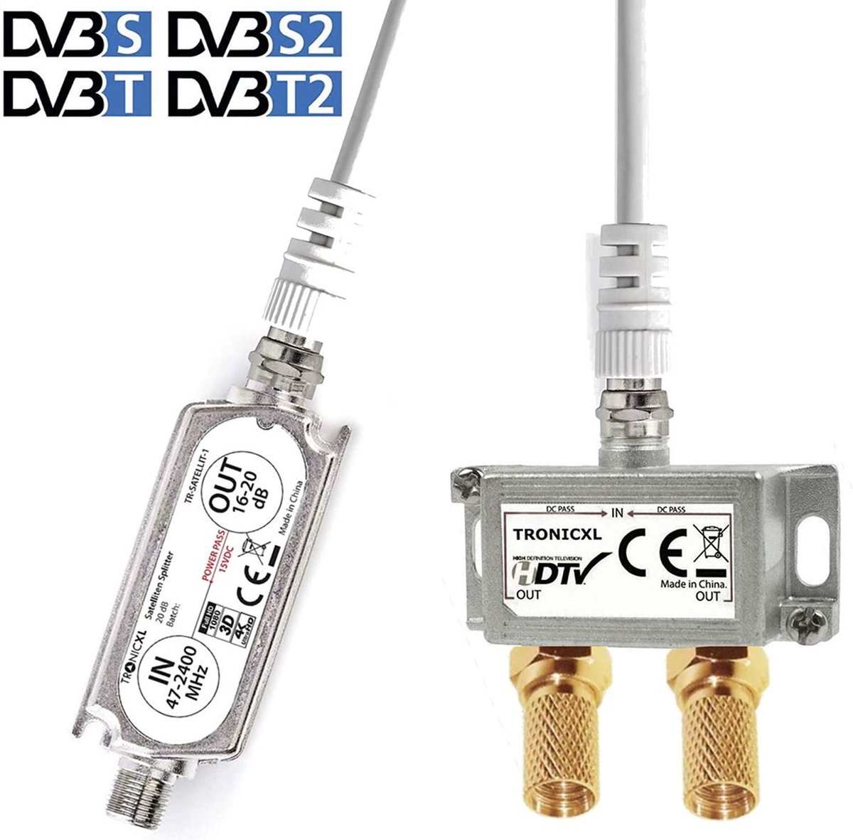 TronicXL Premium 2-voudige antenneverdeler splitter met satellietversterker digitaal HD I voor satelliet TV DVBT DVBS Unicable 3D 4K HDTV I verdeler zachte inline voor 2 tv's (2-voudig zilver)