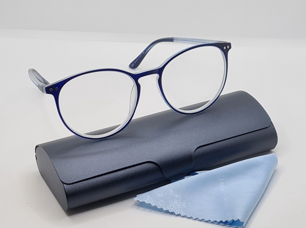 Bril op sterkte +2,0 - elegante unisex leesbril +2.0 - blauwe leesbril met brillenkoker en microvezeldoekje - FM 399 C2 - Ronde lunettes - Aland optiek