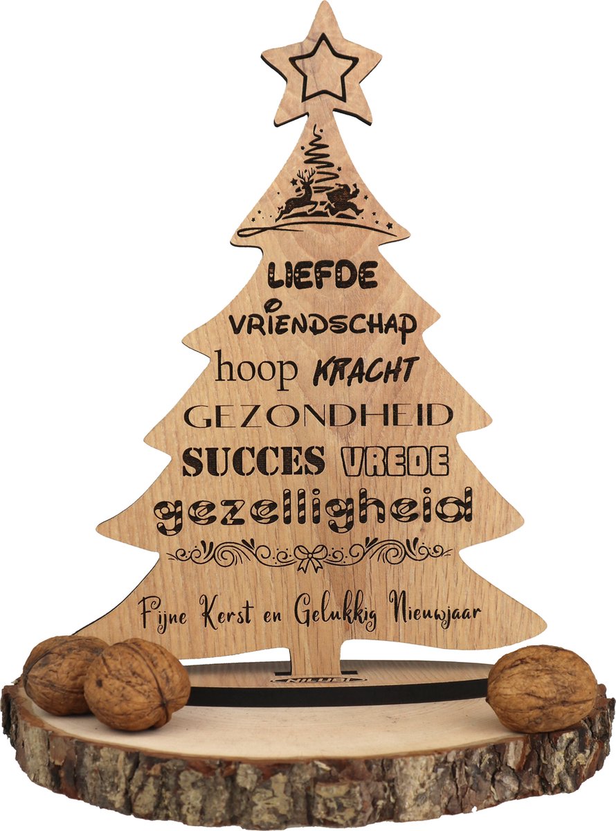 Kerstboom - houten wenskaart - kerstkaart van hout - fijne kerst en  gelukkig nieuwjaar... | bol