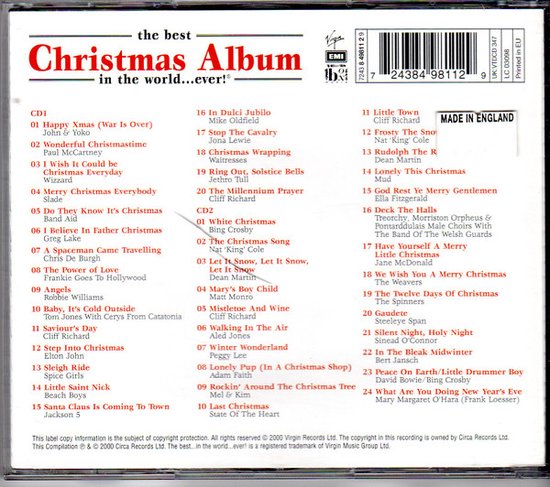 Achterkant van hoes met lijst van kerstliedjes, 'the best Christmas Album in the world...ever!' en barcode.