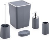 Badkamer Accessoires - Grijs -Vijfdelig set - Zeepdispenser – Tandenborstelorganizer – Toiletborstel & -houder – Prullenbak