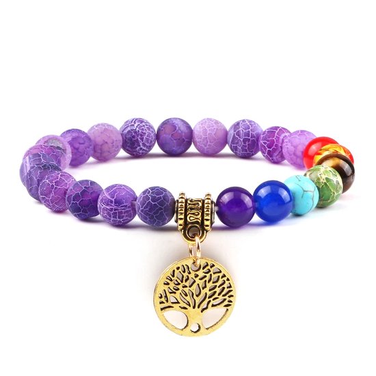 Chakra Armband - Natuursteen - Lavasteen - One Size - Paars Met Gouden Hanger