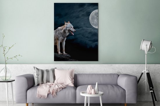 Canvas schilderij - Wilde dieren - Wolf - Maan - Bos - Natuur - Wanddecoratie - Canvas - 90x120 cm - Canvas doek - Woonkamer