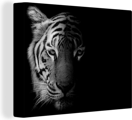 Canvas schilderij - Wilde dieren - Tijger - Zwart - Wit - Muurdecoratie - Canvas - 40x30 cm - Wanddecoratie - Foto op canvas