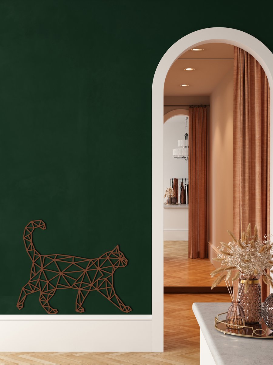 Wanddecoratie | Geometrische Kat / Geometric Cat | Metal - Wall Art | Muurdecoratie | Woonkamer | Buiten Decor |Bronze| 45x36cm