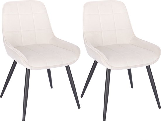 Set van 2 Stoelen - Luxe Eetkamerstoel - Eetkamerstoelen - 2 stoelen - Voor keuken of huiskamer - Moderne look - Geruit - Velvet - Wit/cream