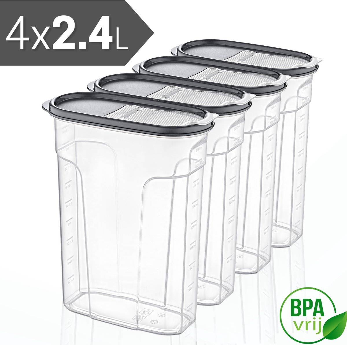 Voorraadpotten Set van 4 - 4x2.4L met grijze deksel Voorraadbussen - Vershouddoos - 4 Stuks - BPA vrij - Kunststof
