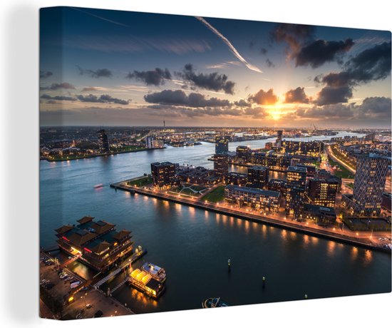 Canvas Schilderij Rotterdam - Skyline - Zonsondergang - Nacht - 90x60 cm - Wanddecoratie