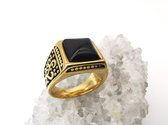 RVS Edelsteen Zwart Onyx goudkleurig Ring. Maat 18. Vierkant ringen met zwarte/goud patronen aan de zijkant. Beschermsteen. geweldige ring zelf te dragen of iemand cadeau te geven.
