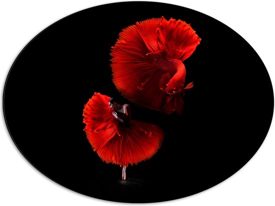 WallClassics - Dibond Ovaal - Danser met Rode Jurk en Vis - 68x51 cm Foto op Ovaal (Met Ophangsysteem)