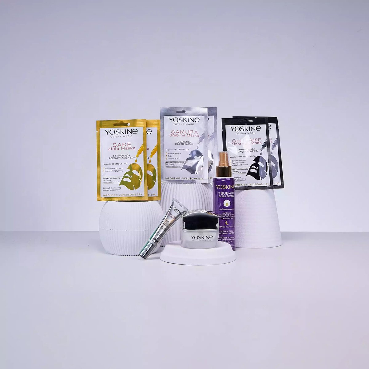 Yoskine 50+ Japanse Skincare Set (9 Artikelen). Gezichtscreme, Oogcrème, Lichaamsolie, Gezichtsmasker