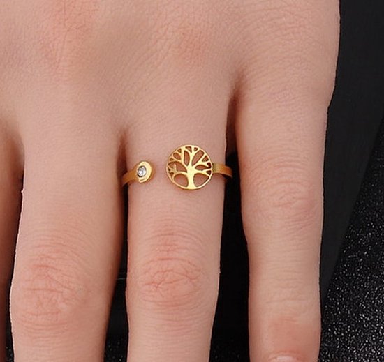 Ring dames verstelbaar met levensboom en kristal - Multimaat ring life tree met zirkonia goud verguld - met Sophie Siero gerschenkverpakking