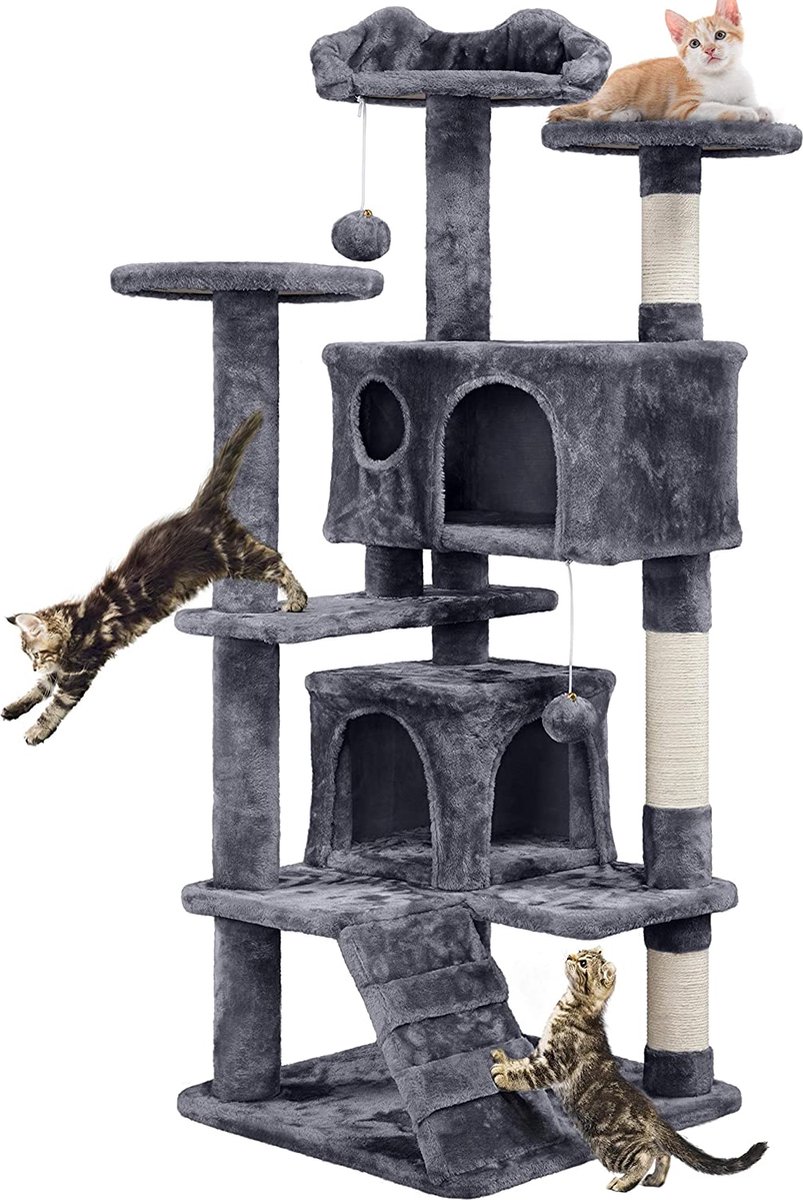Krabpaal voor katten met touwtjes en diverse platformen, 130 cm hoog, Donker Grijs, HM-YAHEE-591852