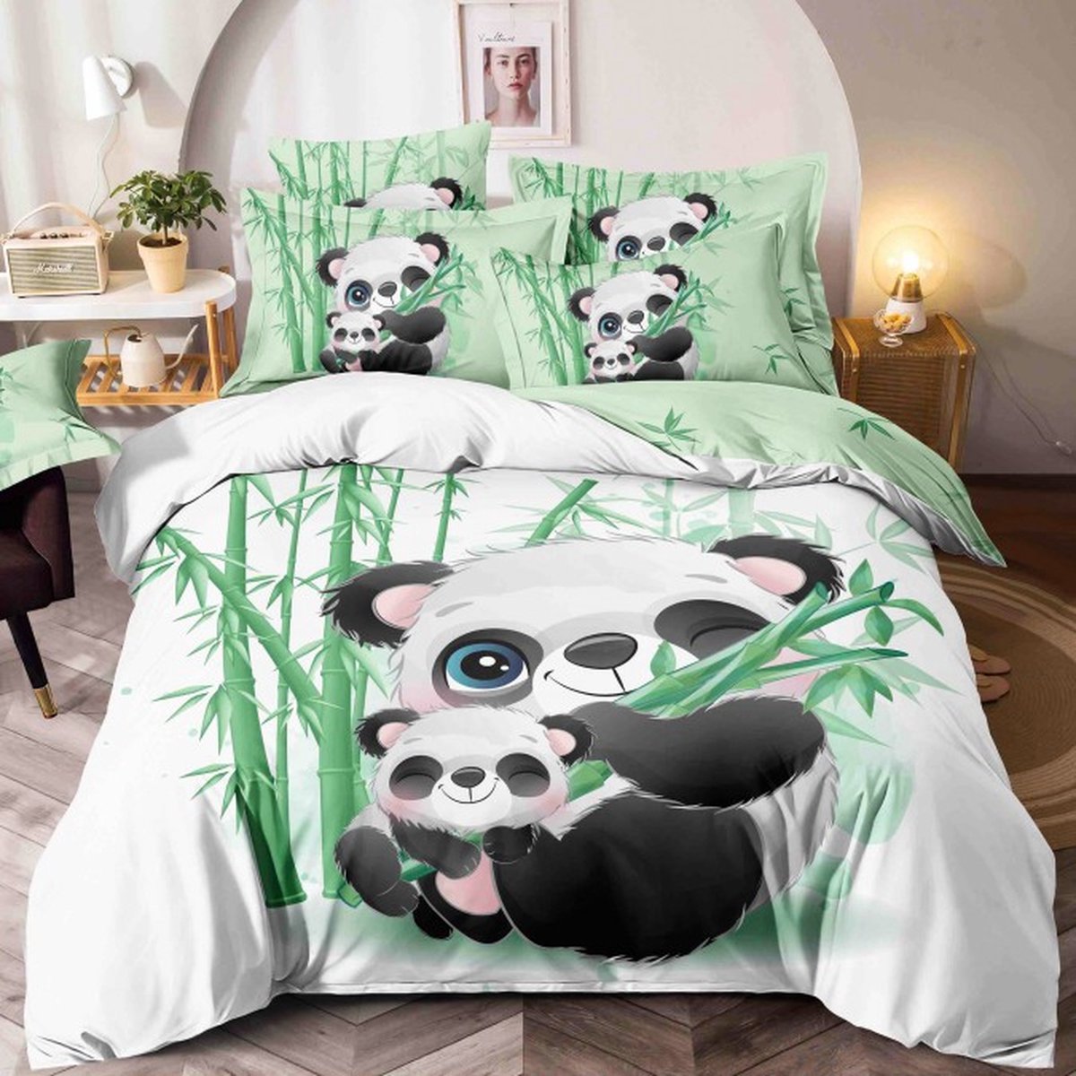 Panda met welp in de armen - eenersoons dekbedovertrek - fijn katoen - 4 delen - wit-groen
