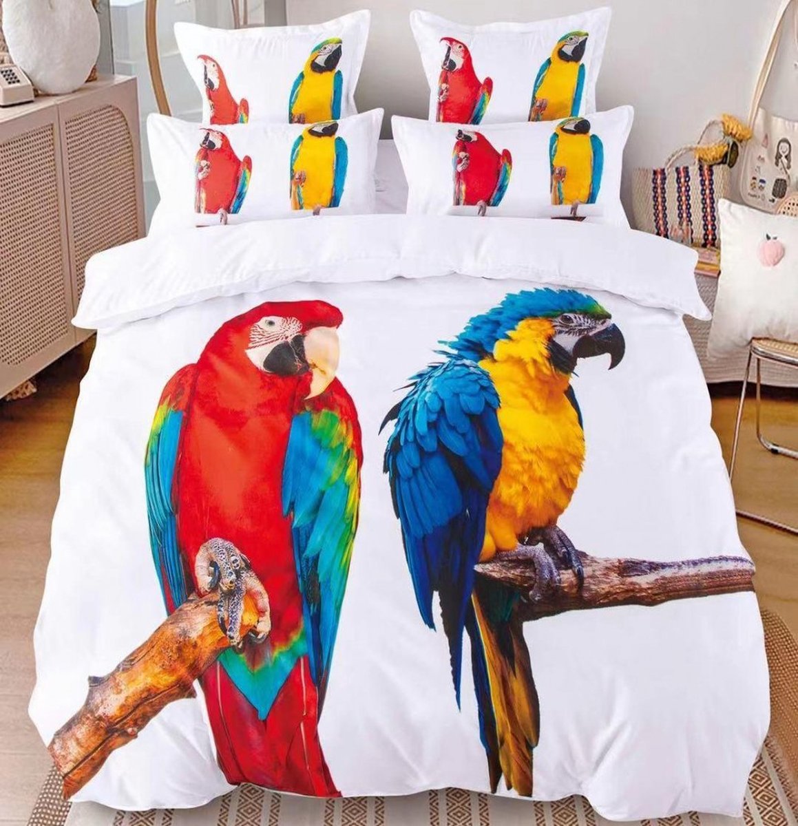 Papegaaien print - tweepersoons dekbedovertrek - fijn katoen - 6 delen - wit-multicolor