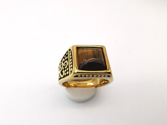 RVS Edelsteen Tijgeroog goudkleurig Ring. Maat 21. Vierkant ringen met zwarte/goud patronen aan de zijkant. Beschermsteen. geweldige ring zelf te dragen of iemand cadeau te geven.