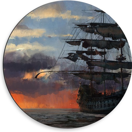 WallClassics - Dibond Muurcirkel - Groot Piratenschip op Zee met Zon - 50x50 cm Foto op Aluminium Muurcirkel (met ophangsysteem)