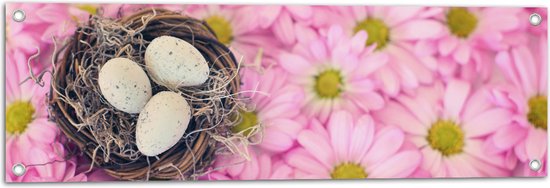 WallClassics - Tuinposter – Vogelnest op Roze Bloemen - 90x30 cm Foto op Tuinposter  (wanddecoratie voor buiten en binnen)